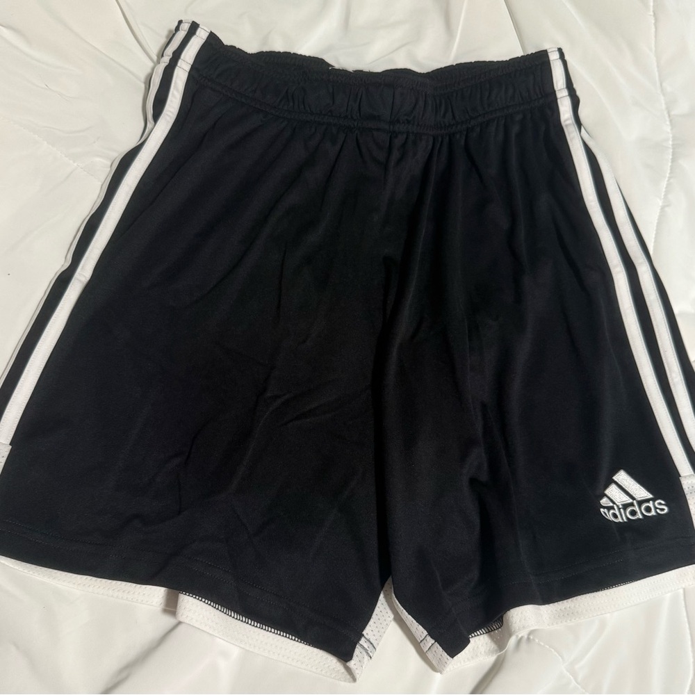adidas Black Athletic Aeroready Shorts with White Three-Stripe Detail. D11